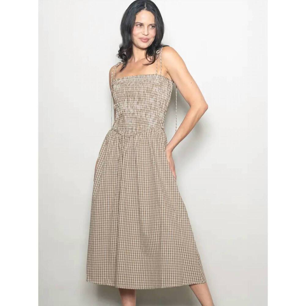 NEW ELLOH smocked chest drop waist plaid checkered dress with pockets in mocha
